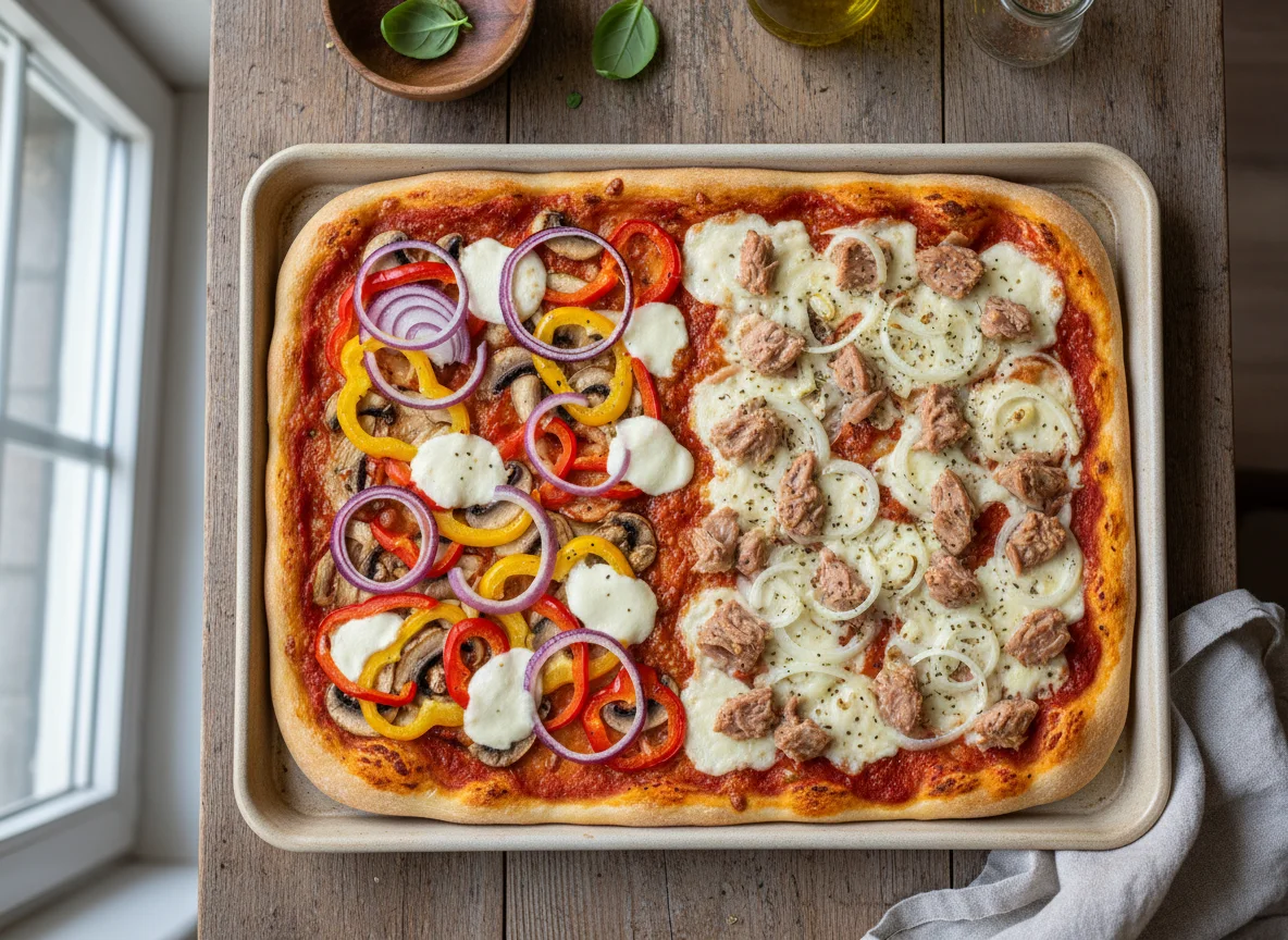 Blechpizza mit zwei Belägen photo