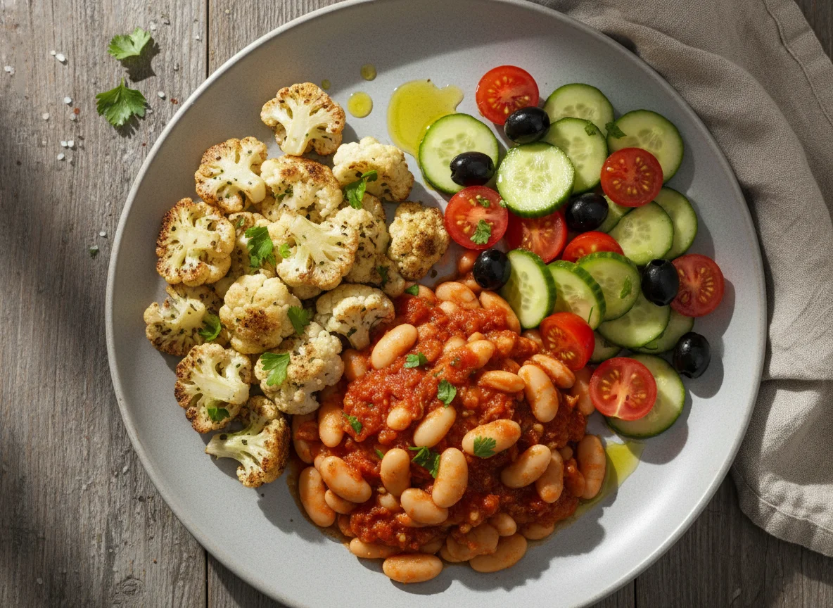 Blumenkohl, Bohnen und Tomaten-Gurken-Salat photo