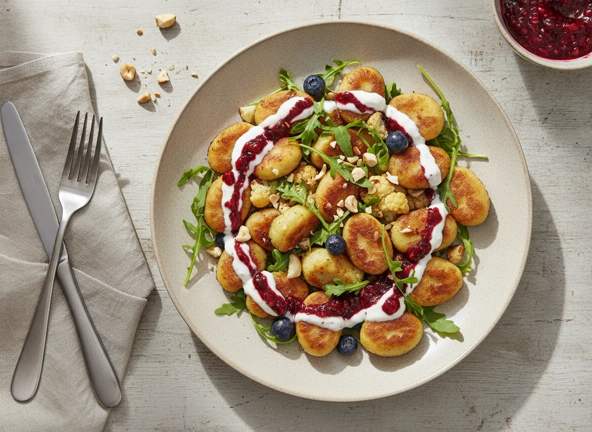 Blumenkohl-Gnocchi mit Beeren und Rucola photo