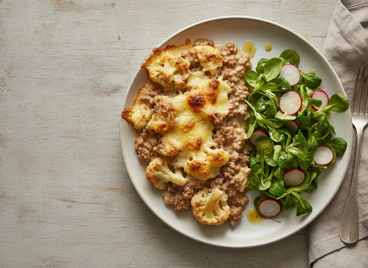 Blumenkohl-Hackfleisch-Auflauf mit Feldsalat photo