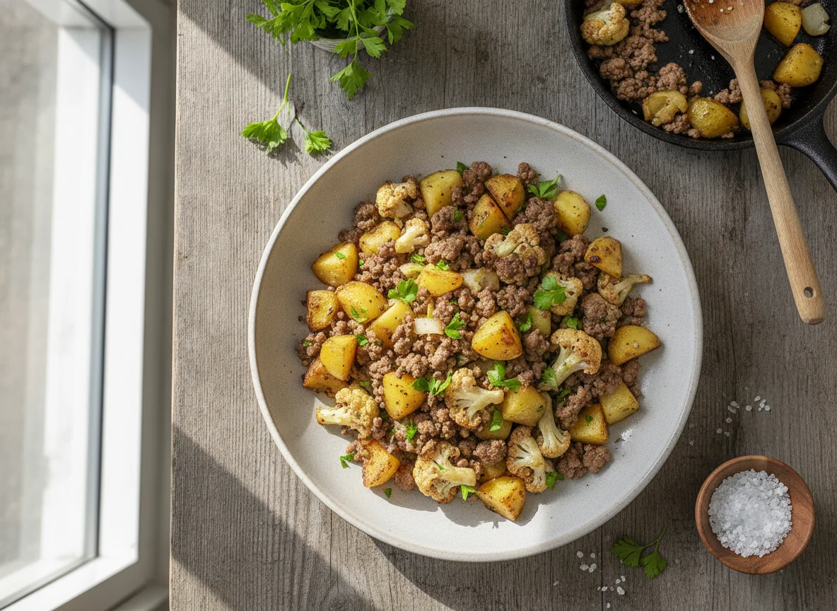 Blumenkohl-Kartoffel-Pfanne mit Hackfleisch photo