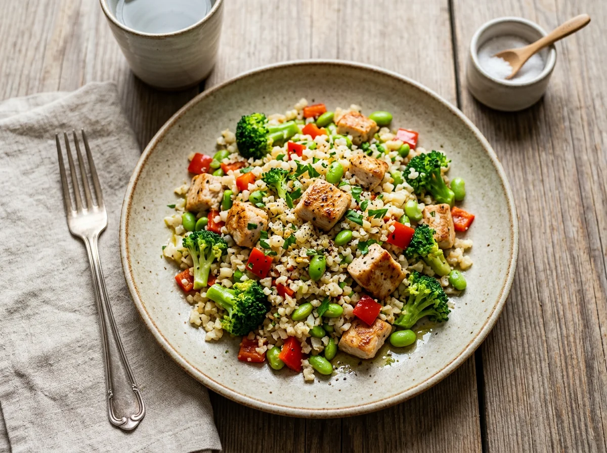 Blumenkohlreis-Pfanne mit Hähnchen und Gemüse photo