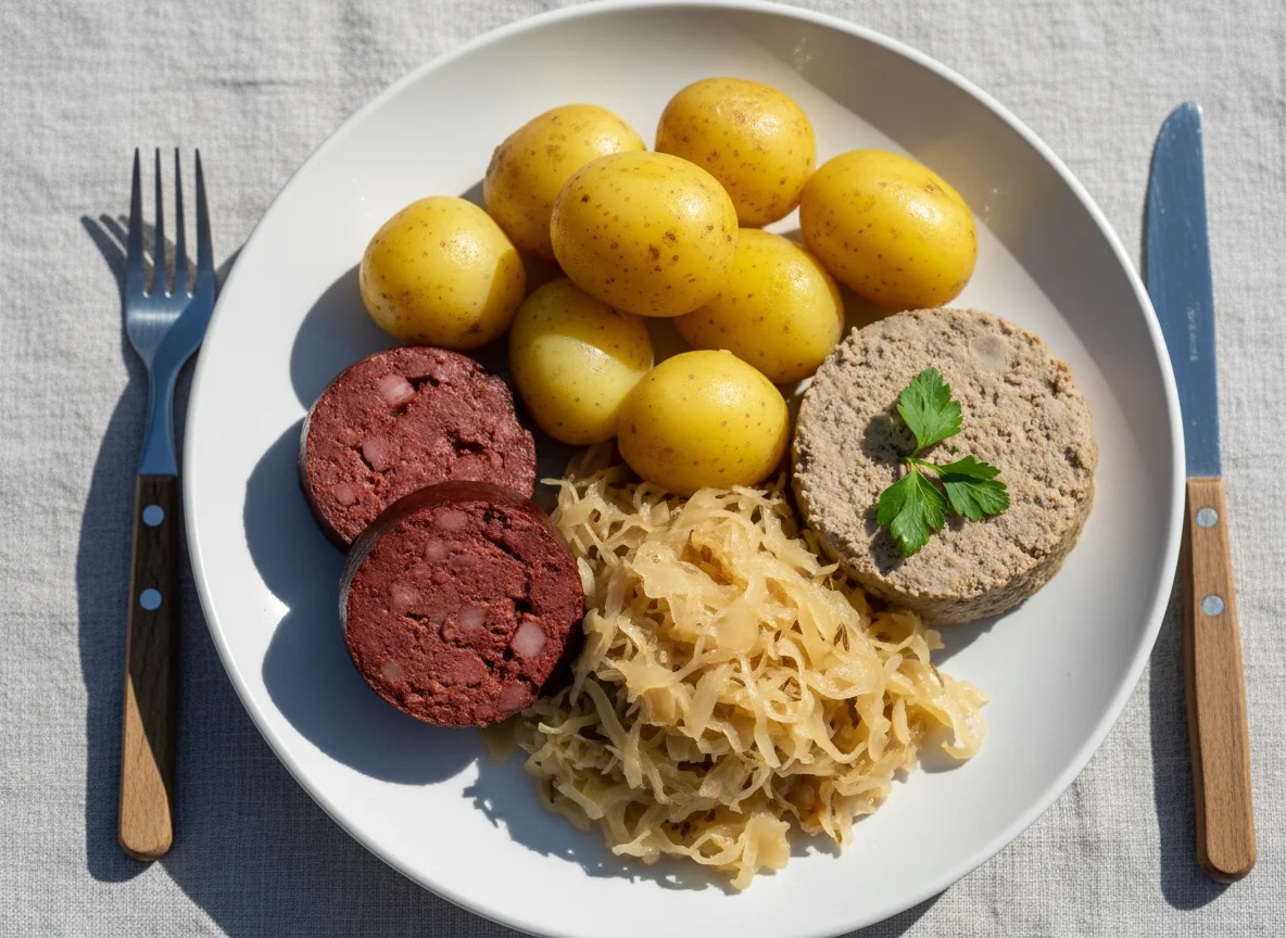 Blutwurst, Leberwurst, Sauerkraut und Kartoffeln photo