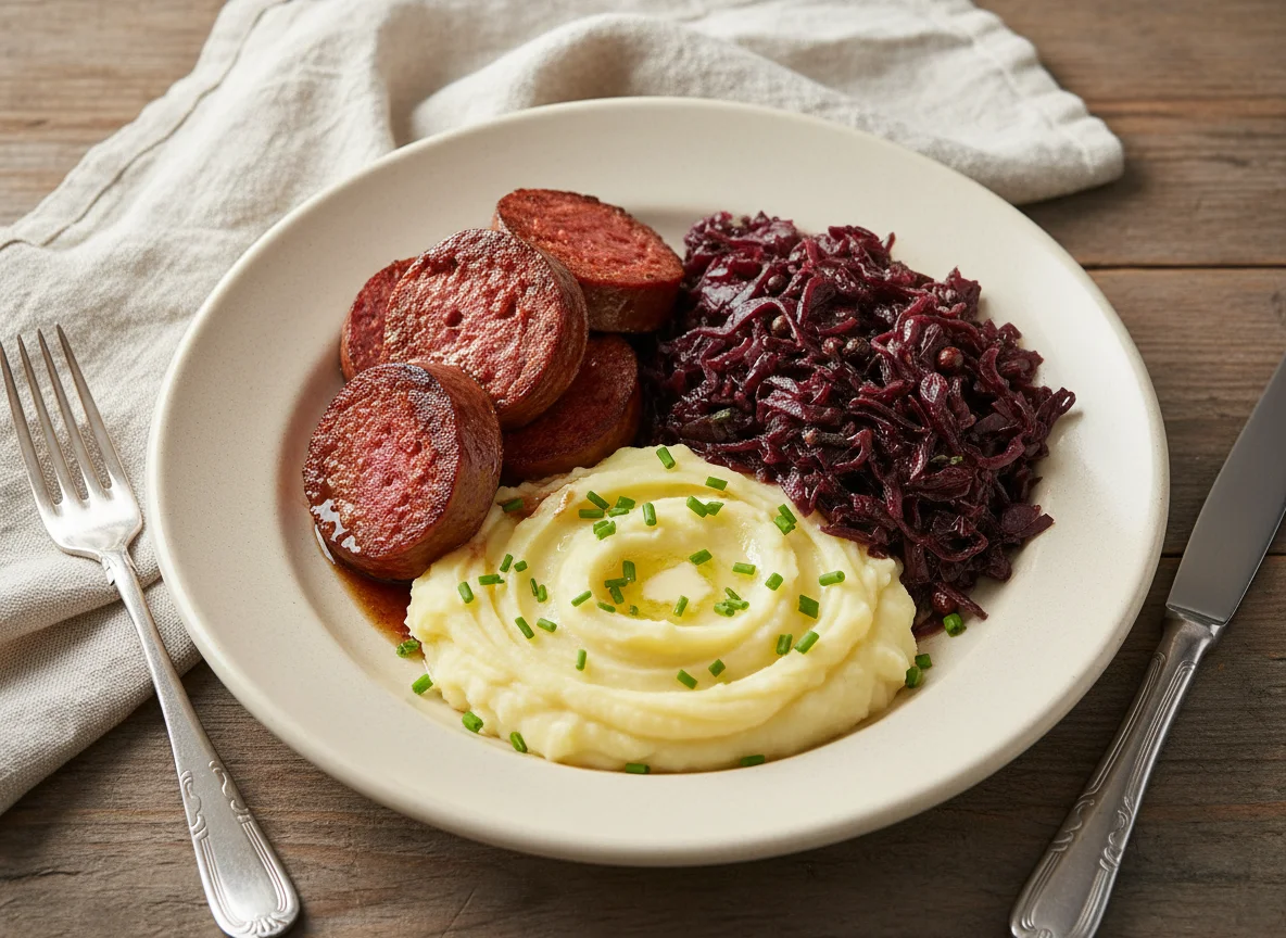 Blutwurst mit Rotkohl und Kartoffelpüree photo