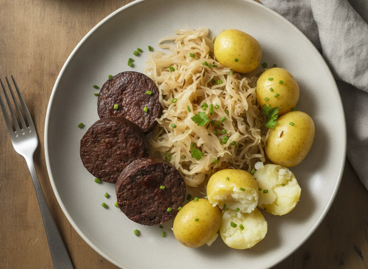 Blutwurst mit Sauerkraut und Salzkartoffeln photo