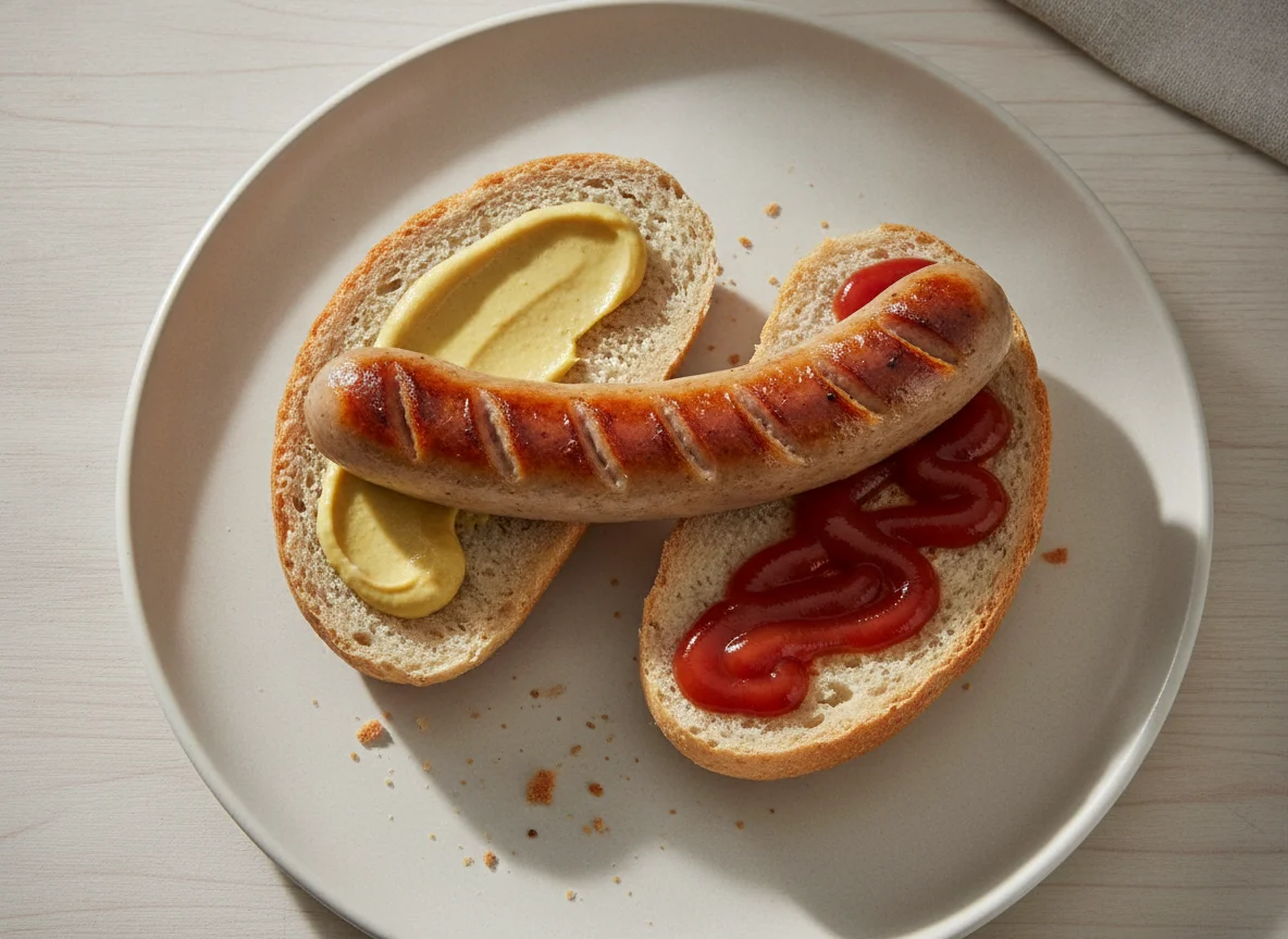Bockwurst mit Brötchen, Senf und Ketchup photo