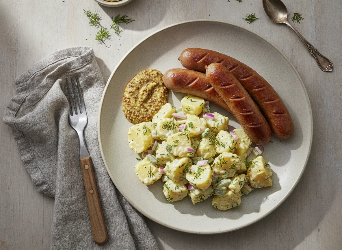 Bockwurst mit Kartoffelsalat und Senf photo