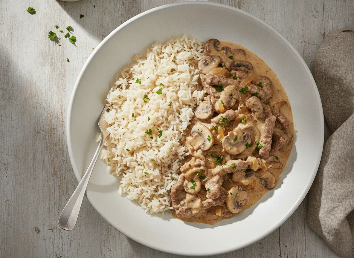 Boeuf Stroganoff mit Reis photo