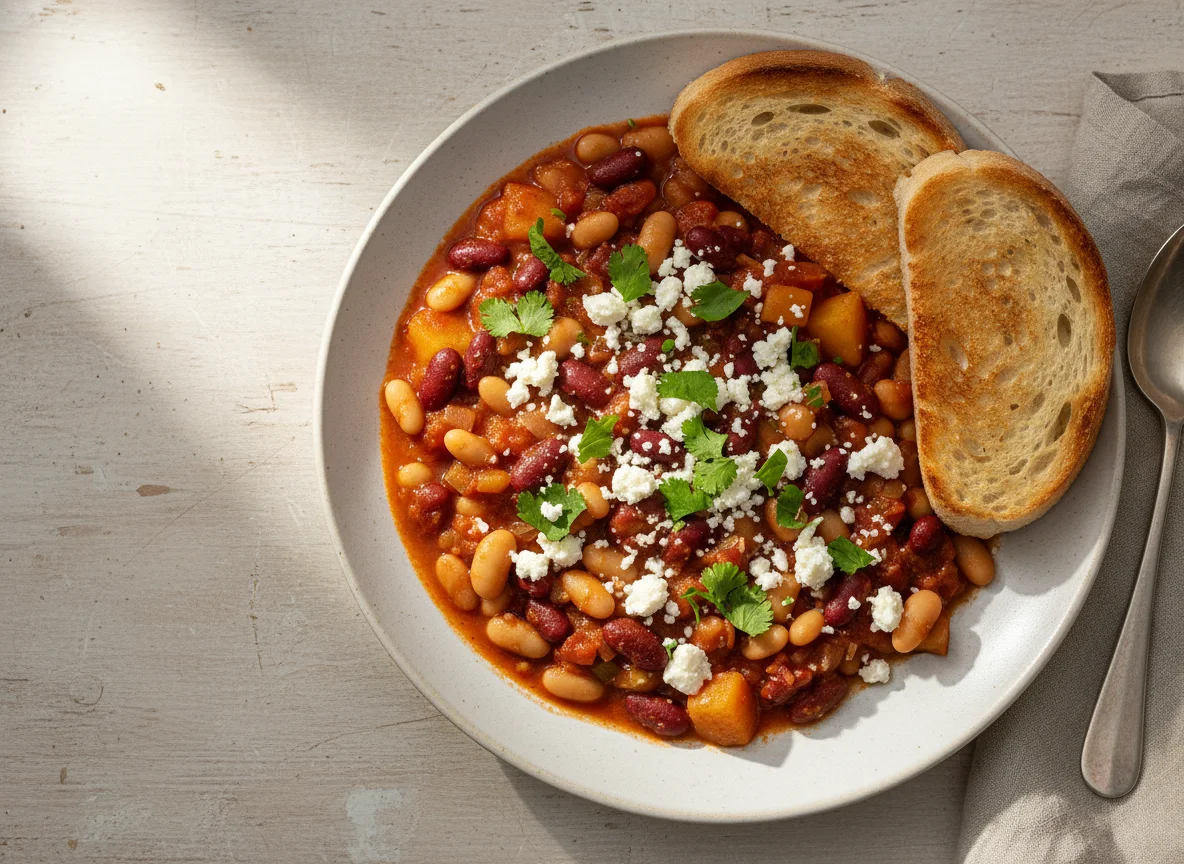 Bohneneintopf mit Feta und Toast photo
