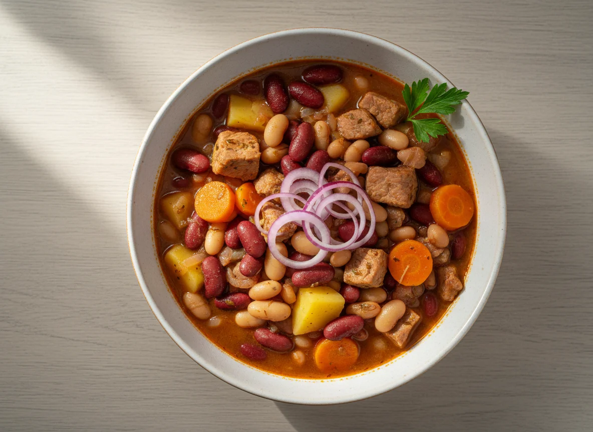 Bohneneintopf mit Fleisch und Zwiebeln photo
