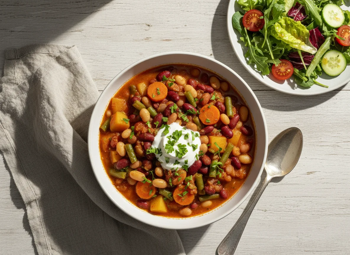 Bohneneintopf mit Kartoffeln und Beilagensalat photo