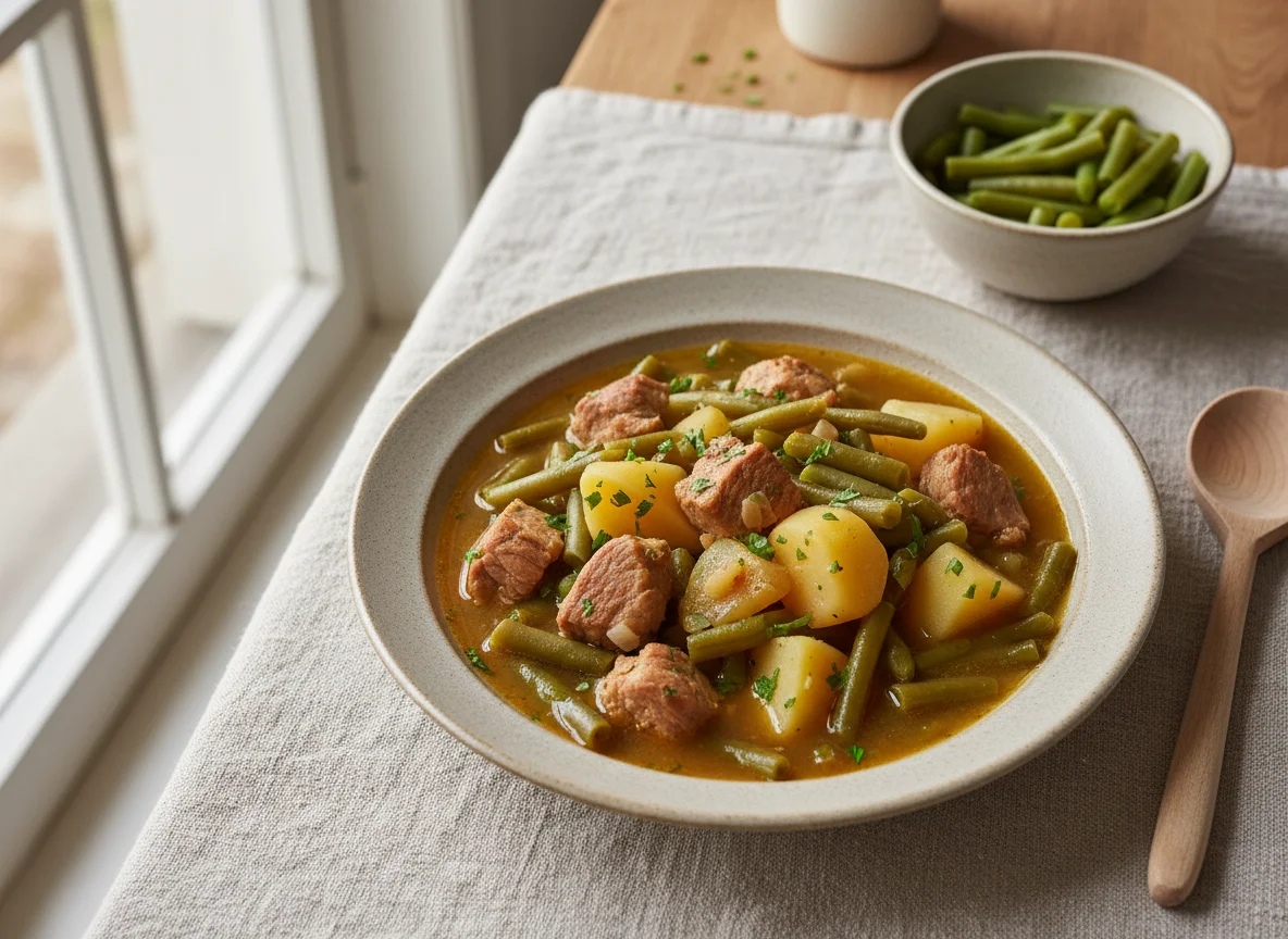 Bohneneintopf mit Kartoffeln und Fleisch photo