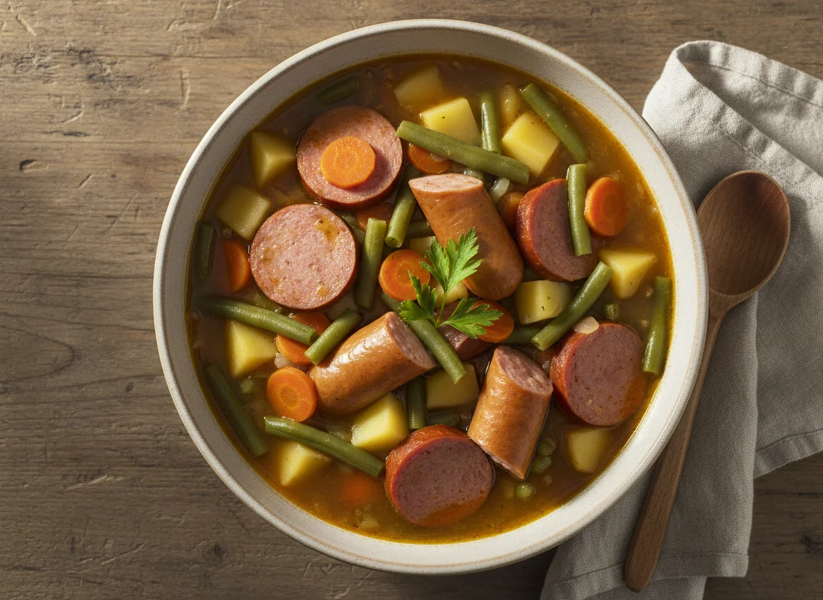 Bohneneintopf mit Kartoffeln und Wurst photo