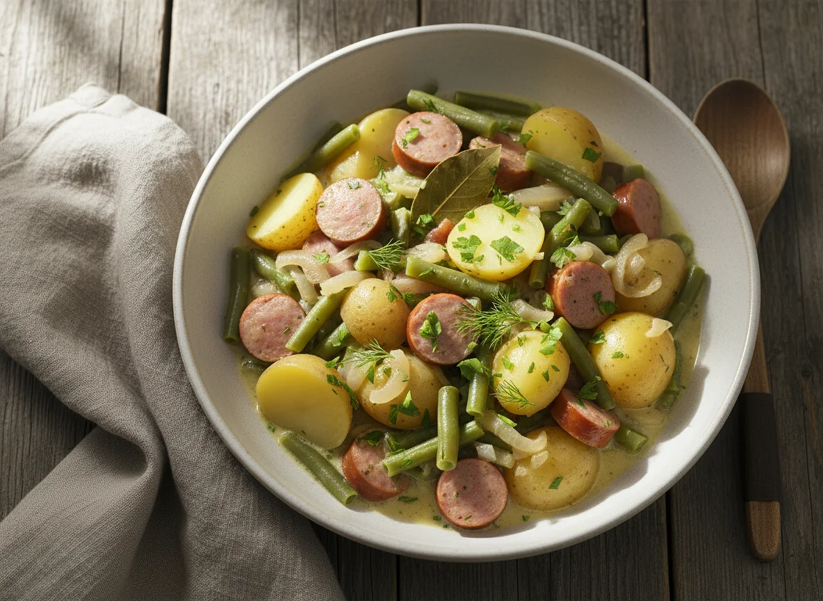 Bohneneintopf mit Kartoffeln und Würstchen photo