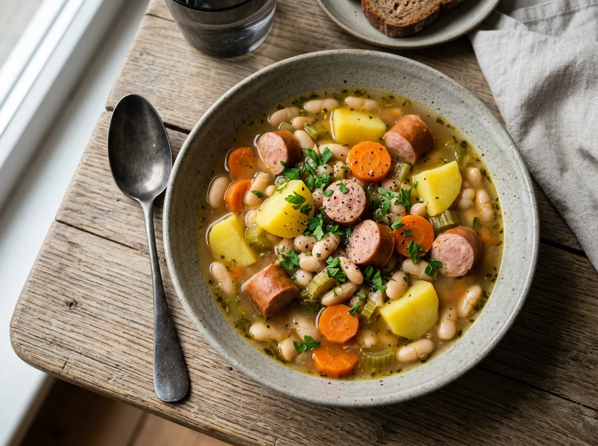 Bohneneintopf mit Würstchen und Kartoffeln photo