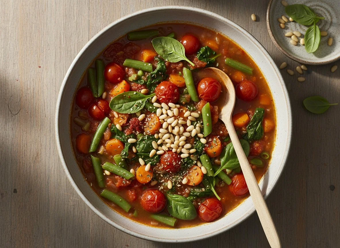 Bohnen-Gemüsesuppe mit Spinat und Kirschtomaten photo