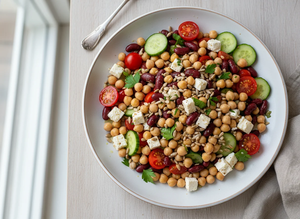 Bohnen-Kichererbsen-Salat mit Feta und Sonnenblumenkernen photo