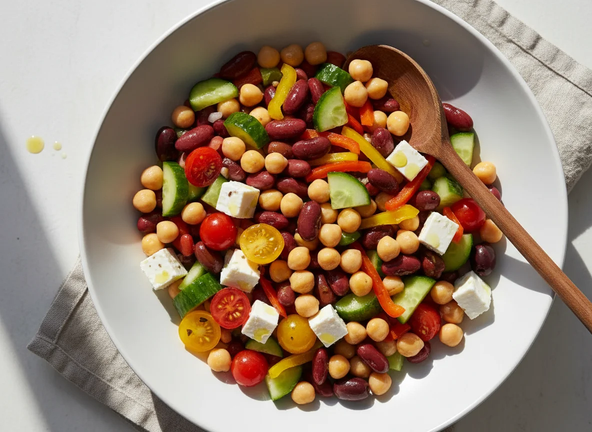 Bohnen-Kichererbsen-Salat mit Gemüse und Feta photo