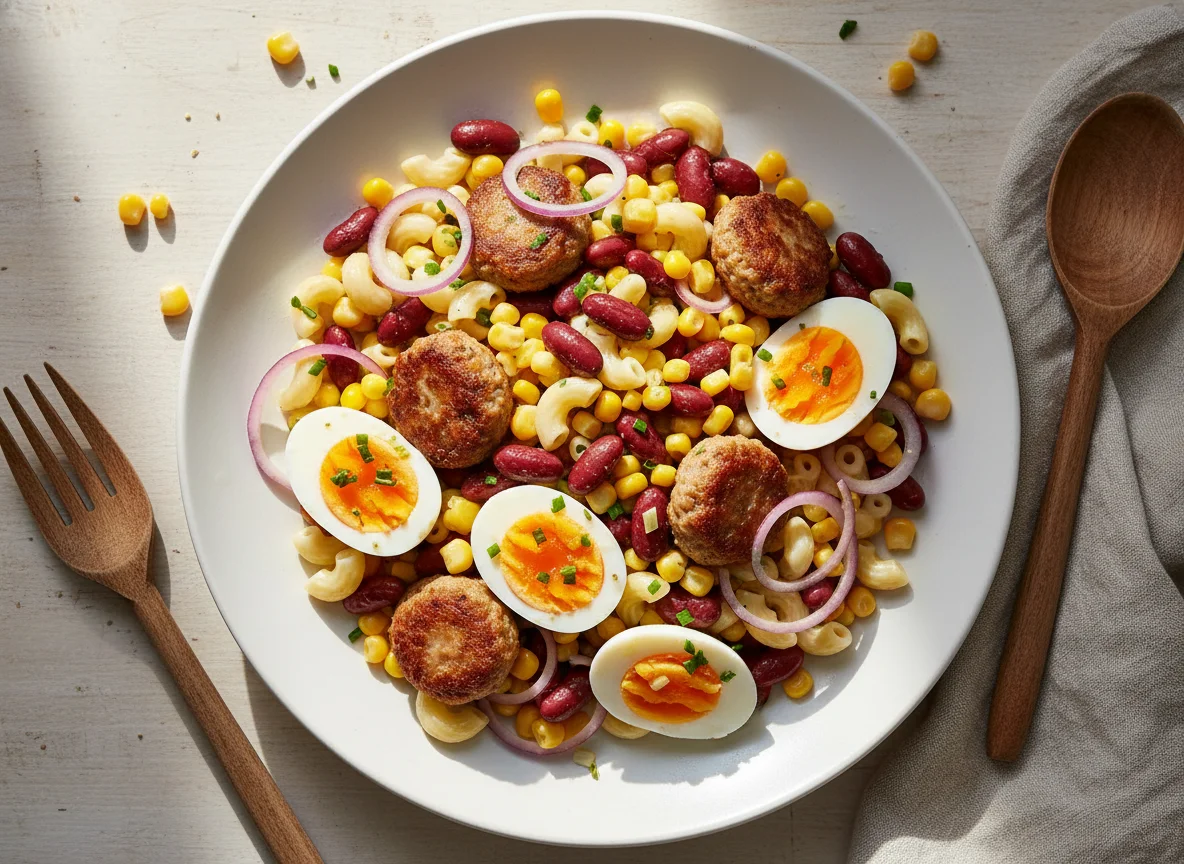 Bohnen-Mais-Salat mit Eiern und Frikadellen photo