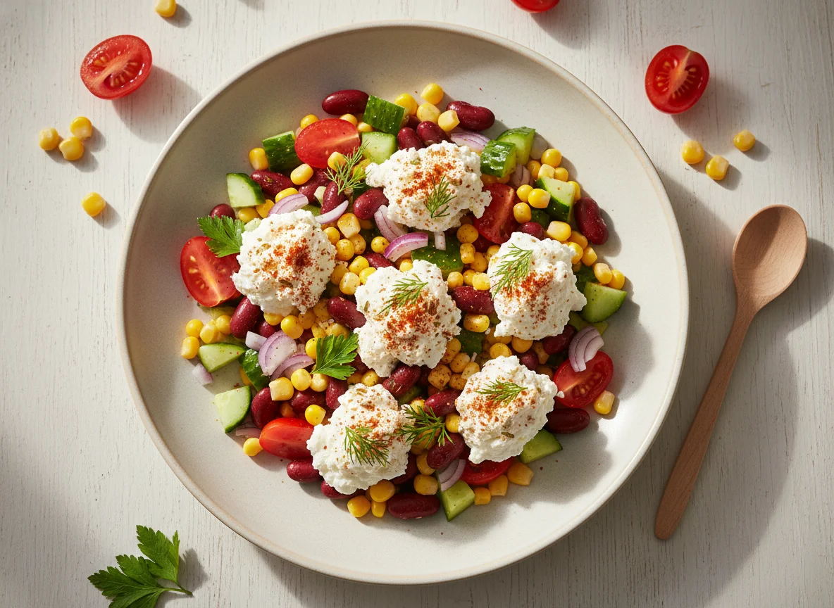 Bohnen-Mais-Salat mit Hüttenkäse photo