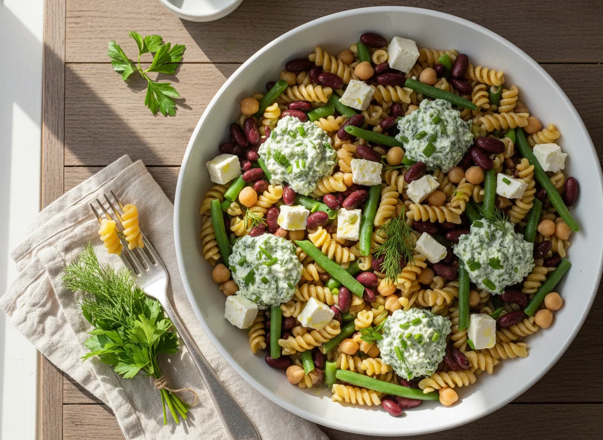 Bohnen-Nudelsalat mit Feta und Kräuterquark photo