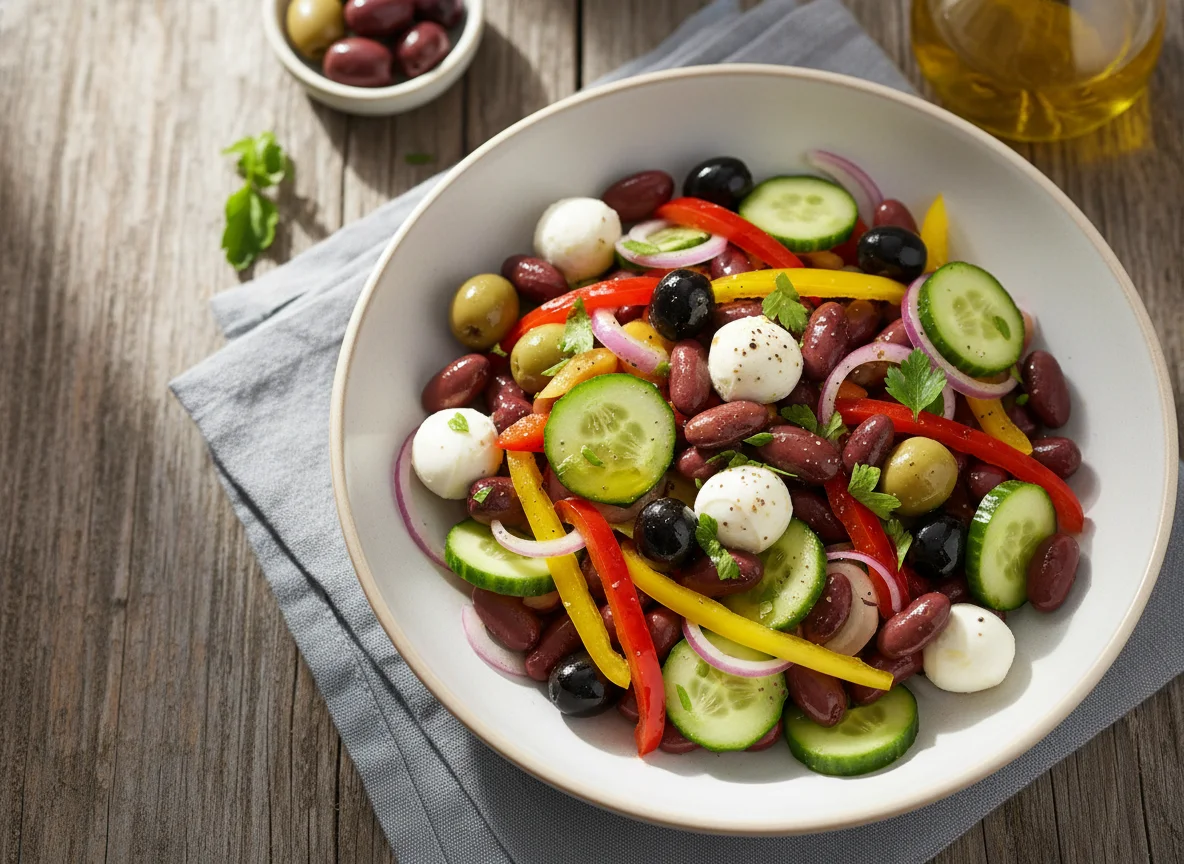 Bohnen-Oliven-Salat mit Mozzarella und Gurken photo