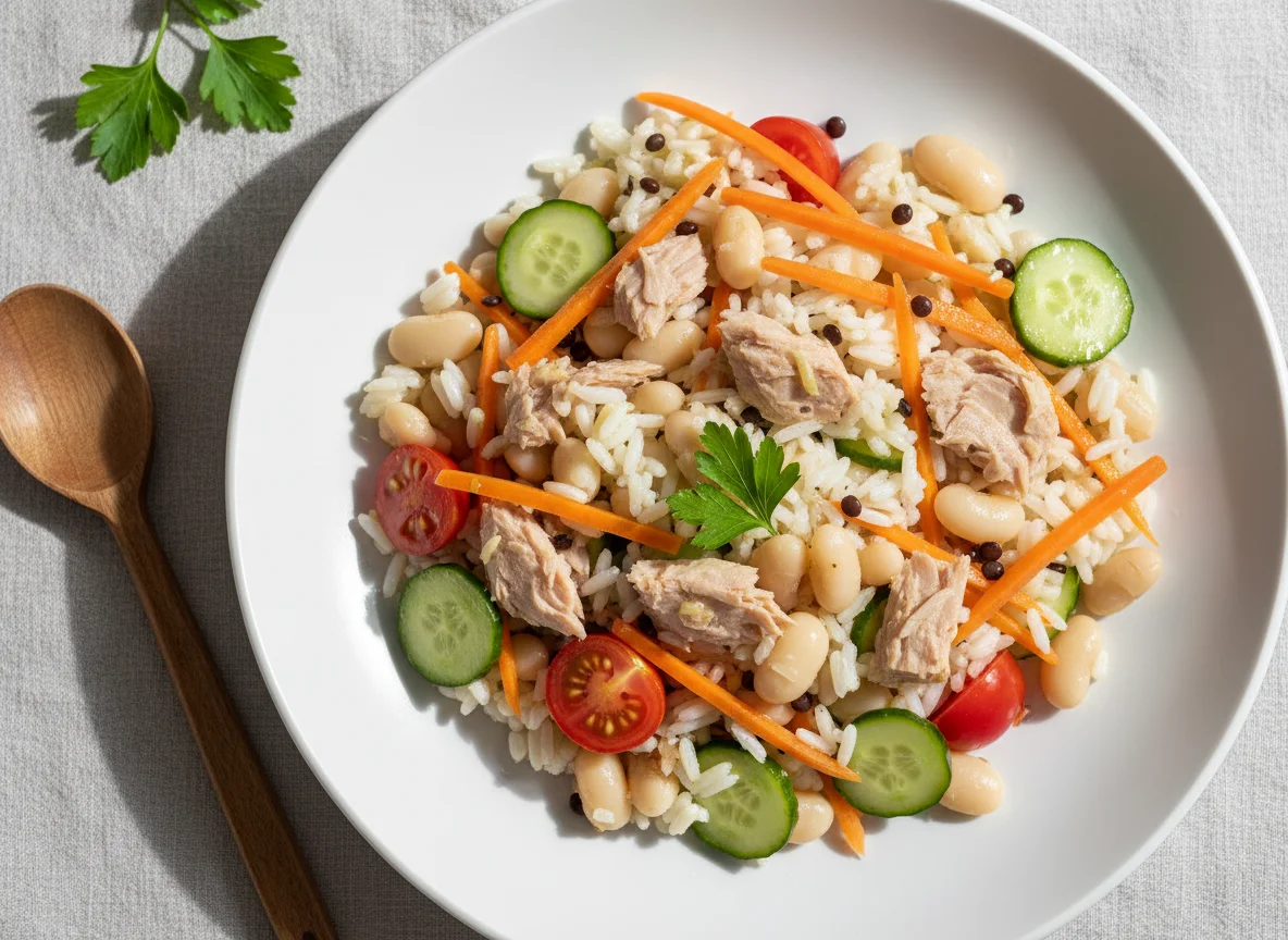 Bohnen-Reis-Salat mit Thunfisch und Gemüse photo