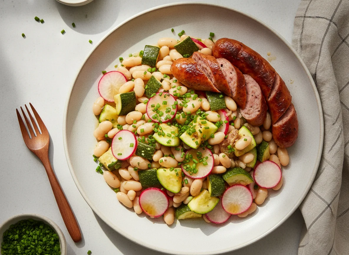 Bohnensalat mit Radieschen, Zucchini und Bratwurst photo