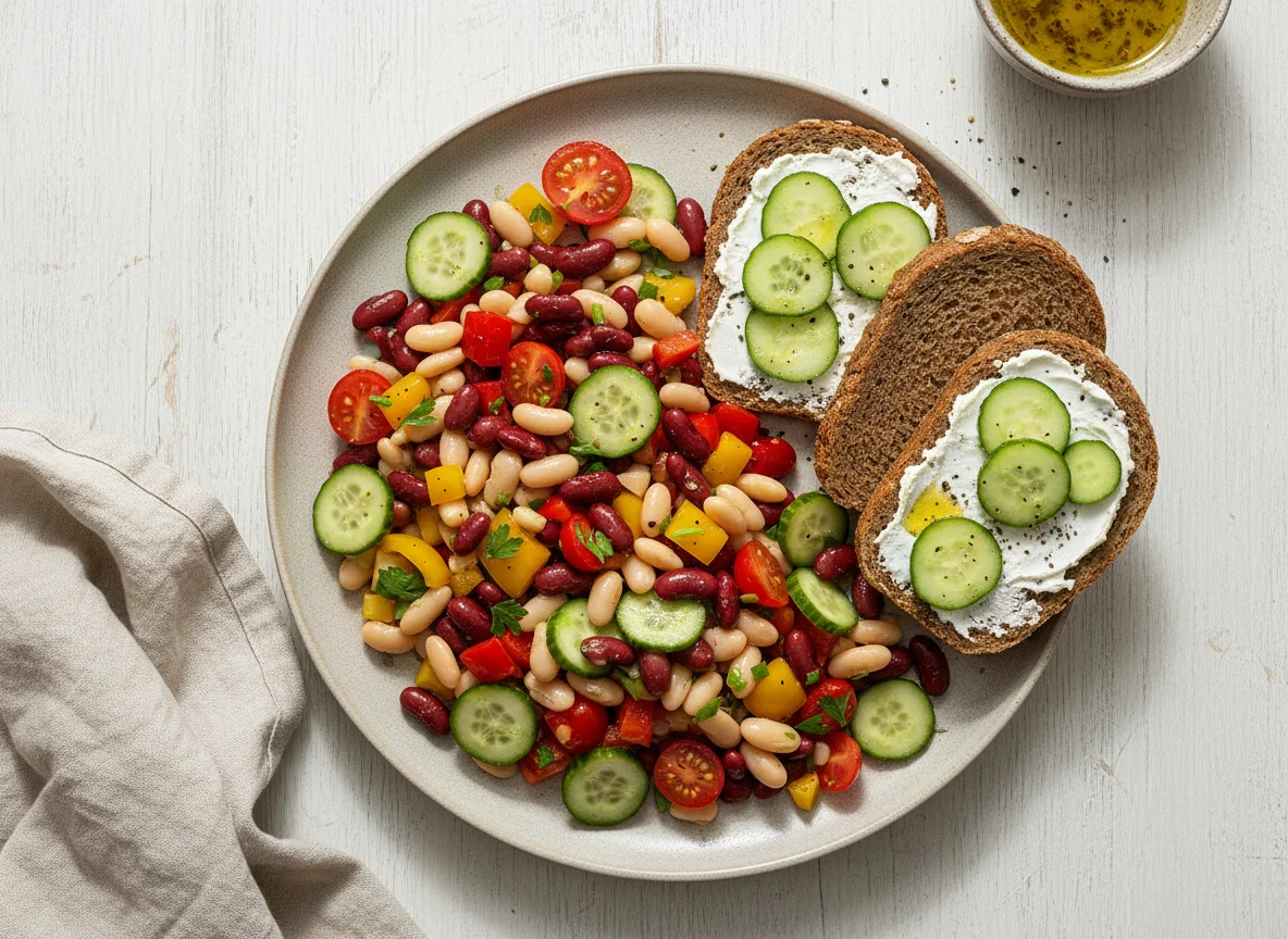 Bohnensalat mit Vollkornbrot und Gurke photo