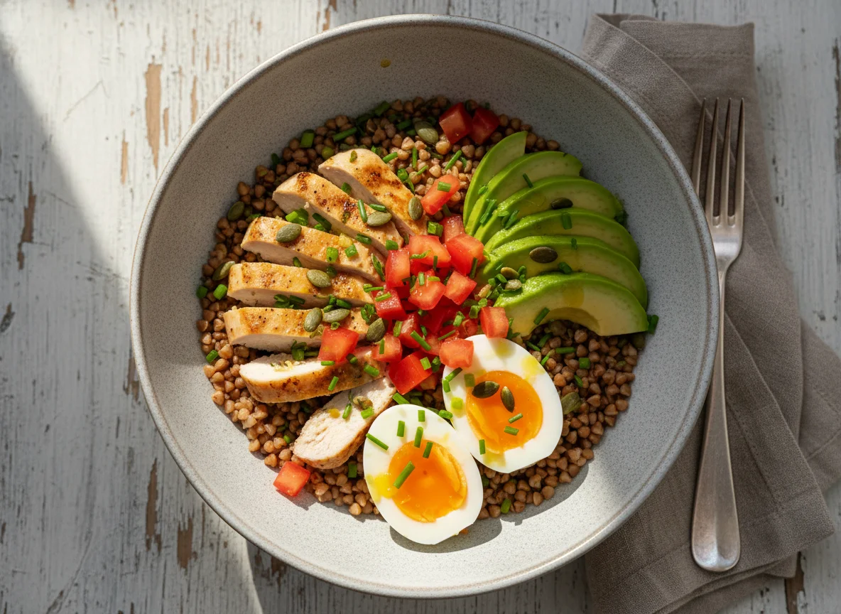 Bowl mit Buchweizen, Avocado, Ei und Hähnchen photo