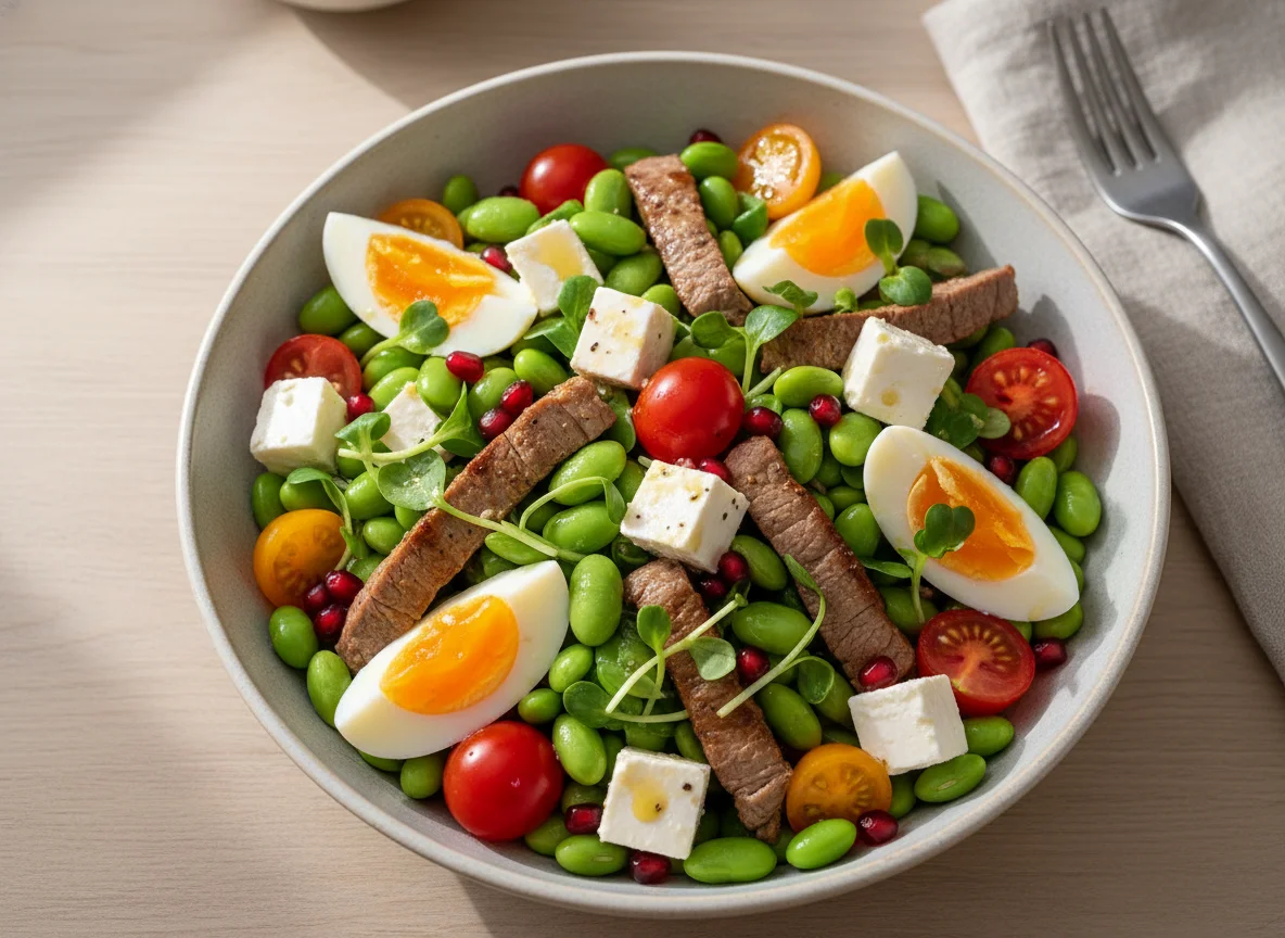 Bowl mit Edamame, Tomaten, Feta und Ei photo