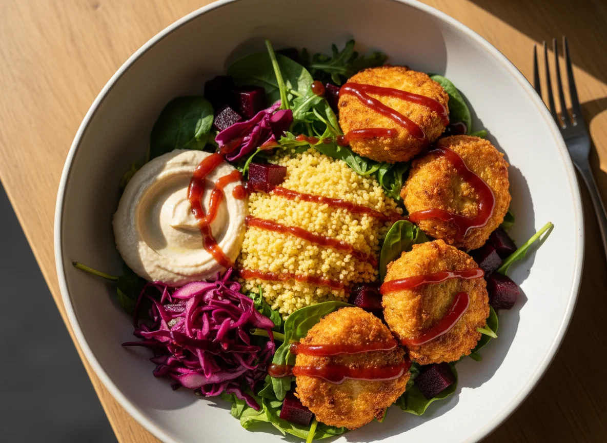 Bowl mit frittierten Bällchen und Couscous photo