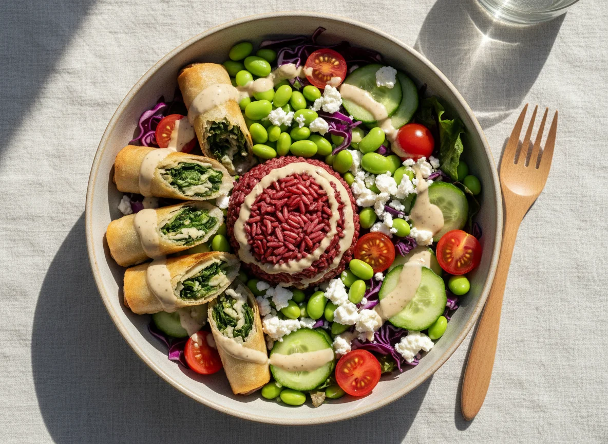 Bowl mit Frühlingsrollen und Reis photo