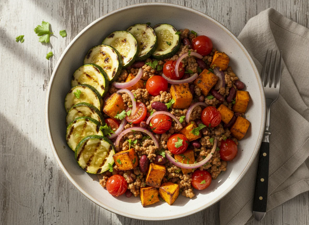 Bowl mit gegrillter Zucchini, Süßkartoffeln und Tomatensalat photo