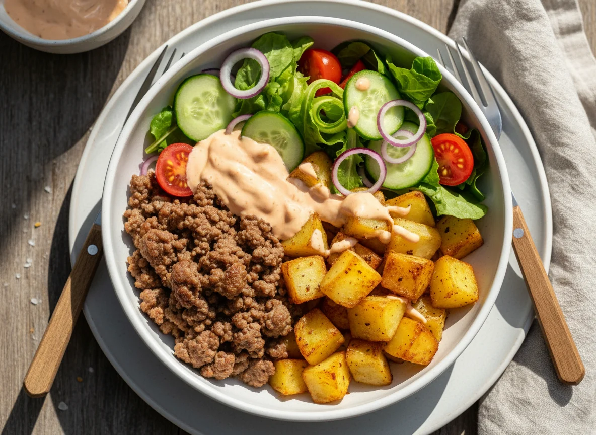 Bowl mit Hackfleisch, Kartoffeln und Salat photo