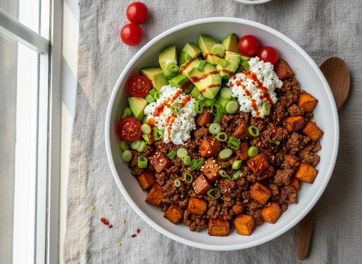 Bowl mit Hackfleisch, Süßkartoffeln und Avocado photo