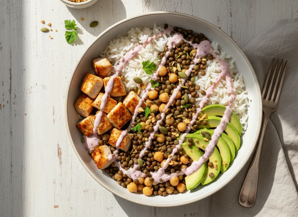 Bowl mit Hähnchen, Reis, Linsen und Avocado photo