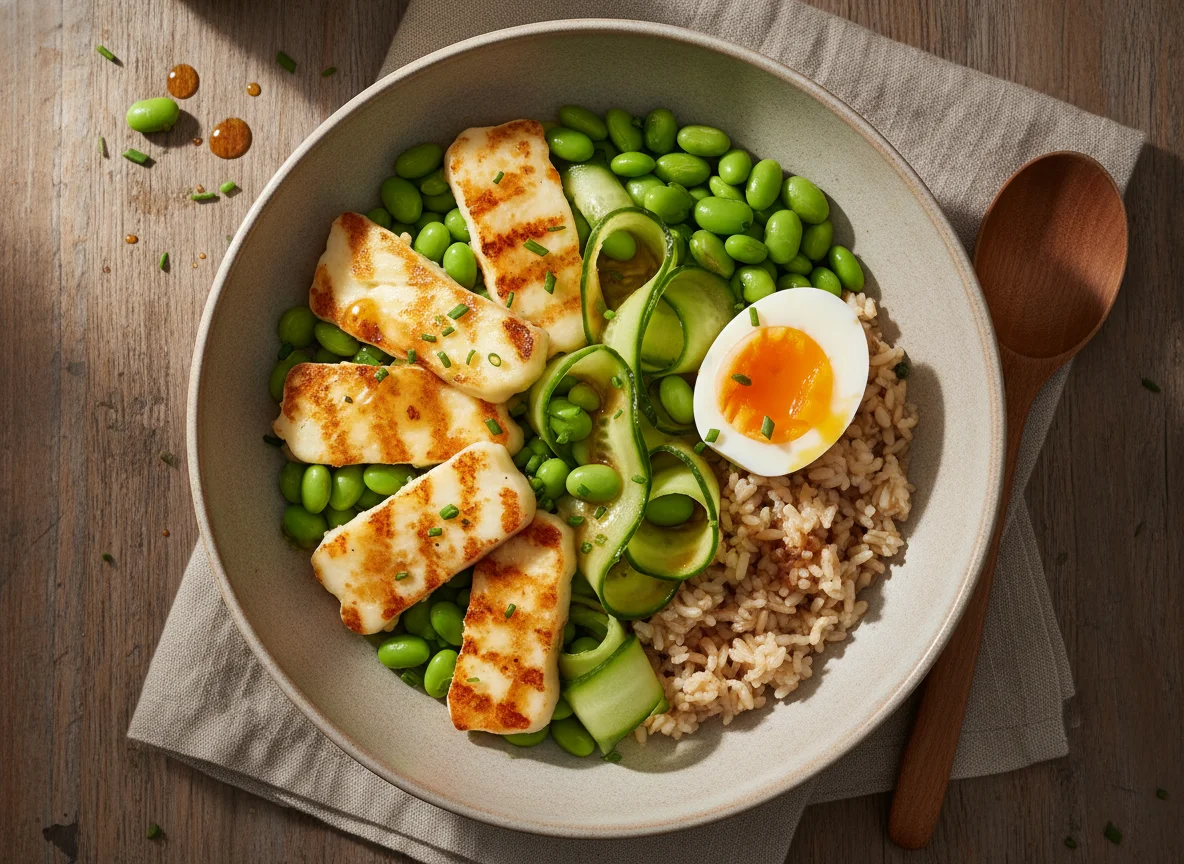 Bowl mit Halloumi, Edamame, Ei und Gurke photo
