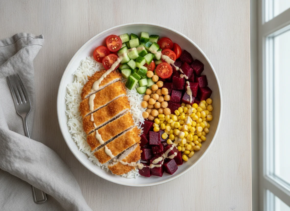 Bowl mit paniertem Hähnchen, Reis und Gemüse photo