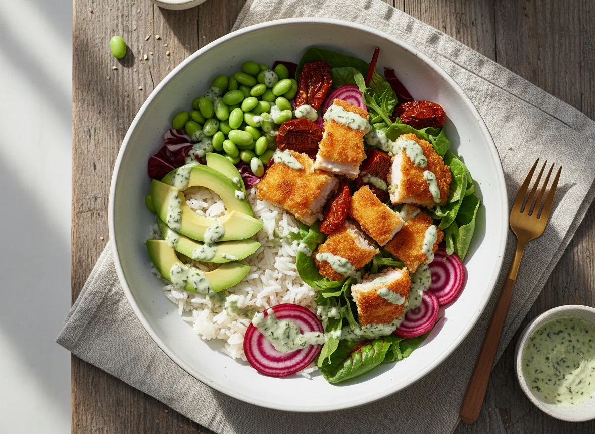 Bowl mit paniertem Hähnchen und Gemüse photo