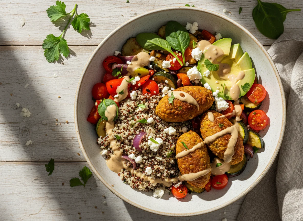 Bowl mit Quinoa, Linsen-Kichererbsen-Kebab & Tahin-Dressing photo