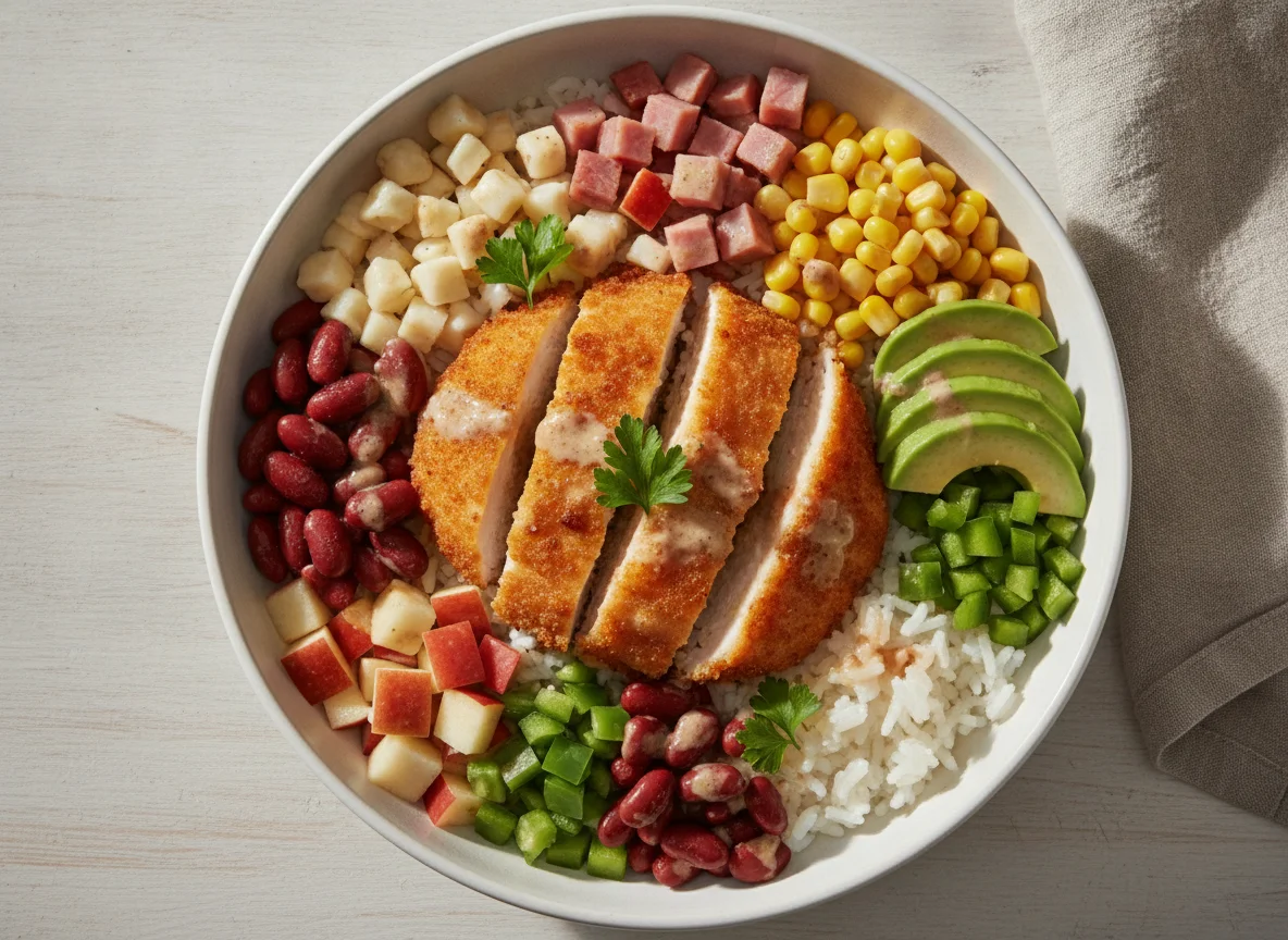 Bowl mit Reis, Hähnchen und Gemüse photo