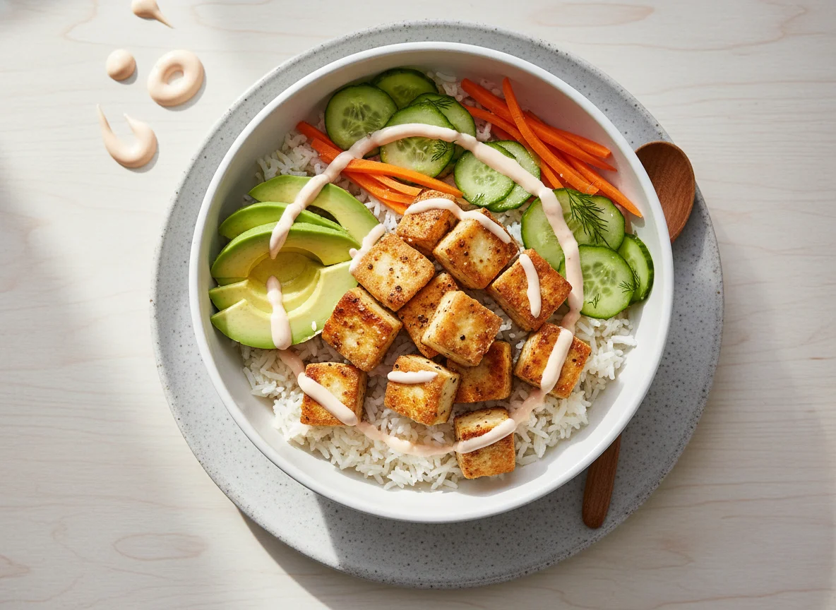 Bowl mit Reis, Tofu, Avocado und Karotten photo