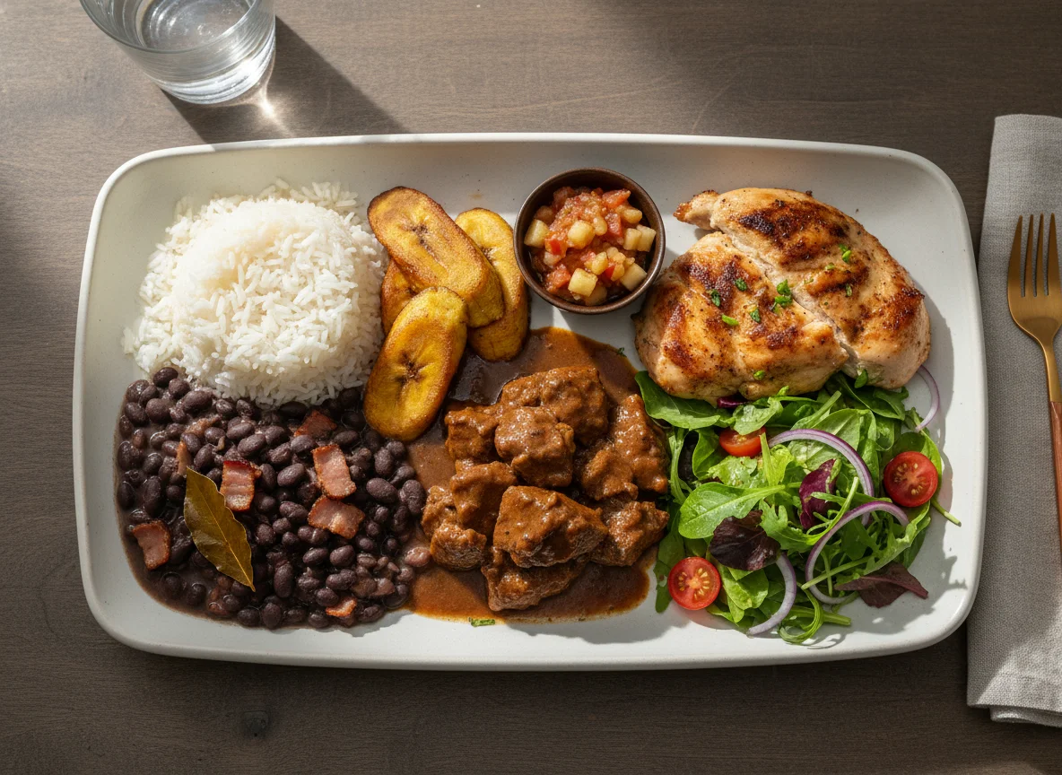Brasilianisches Gericht mit Reis, Bohnen und Fleisch photo