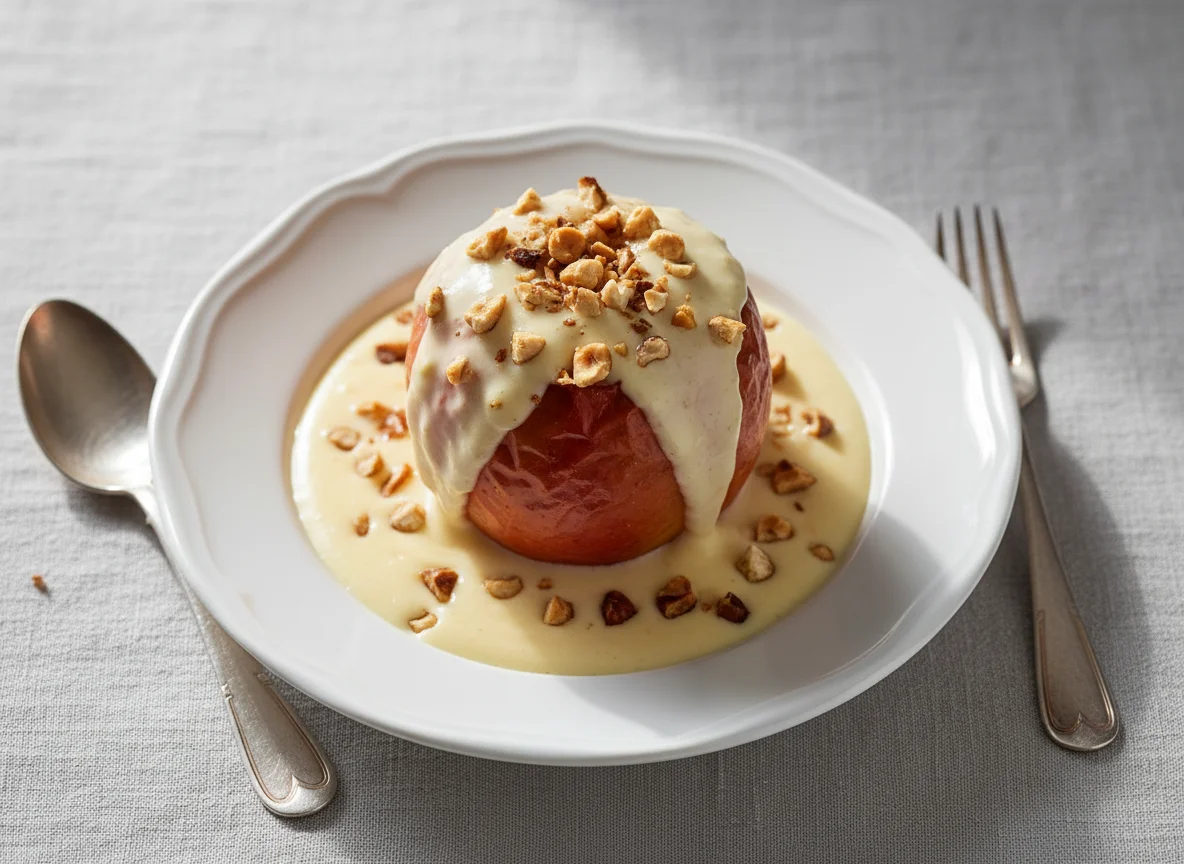 Bratapfel mit Vanillesauce und gehackten Nüssen photo