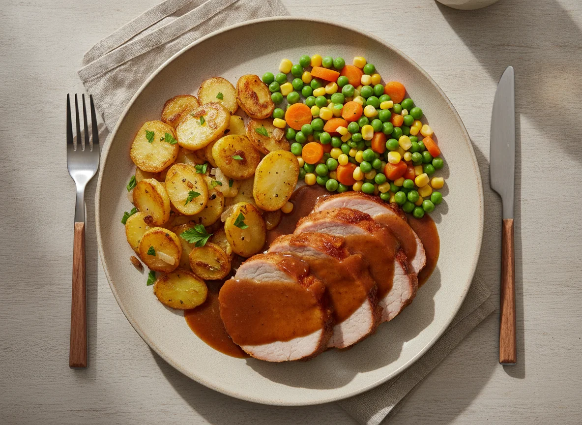 Braten mit Gemüse und Kartoffeln photo
