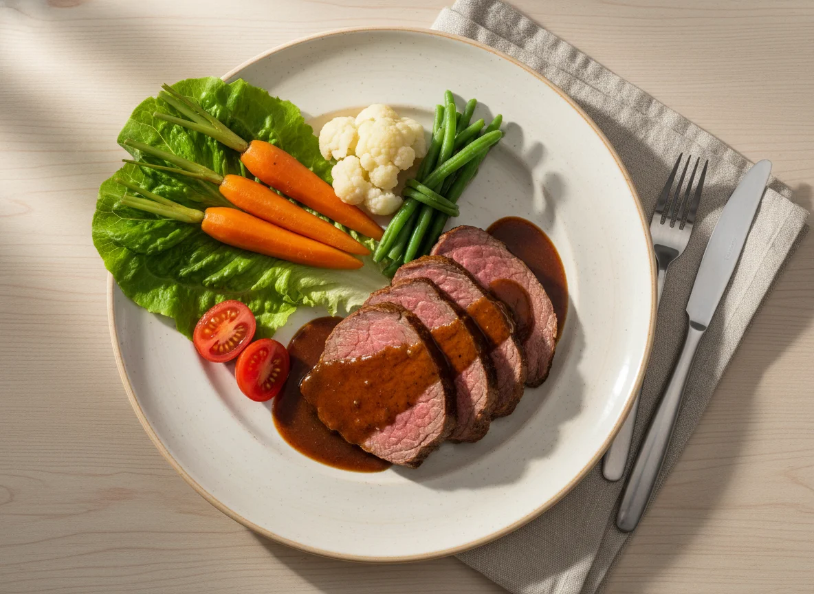 Braten mit Gemüse und Sauce photo