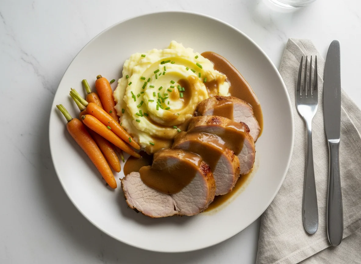 Braten mit Kartoffelbrei und Karotten photo