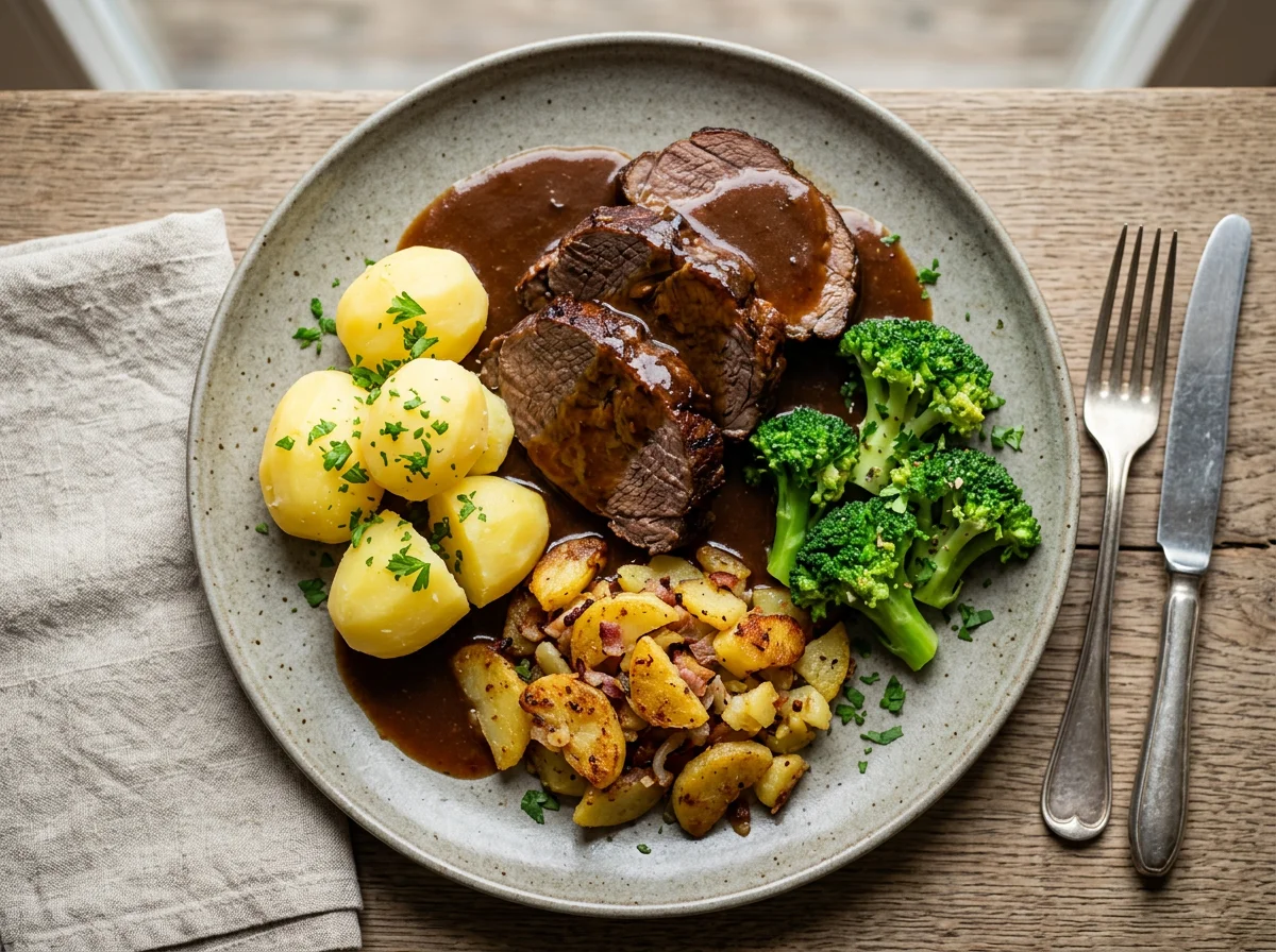 Braten mit Kartoffeln, Brokkoli und Soße photo