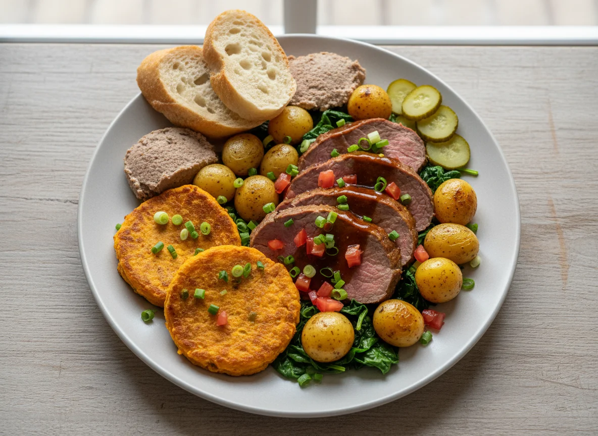 Braten mit Kartoffeln, Spinat und Süßkartoffel-Puffer photo
